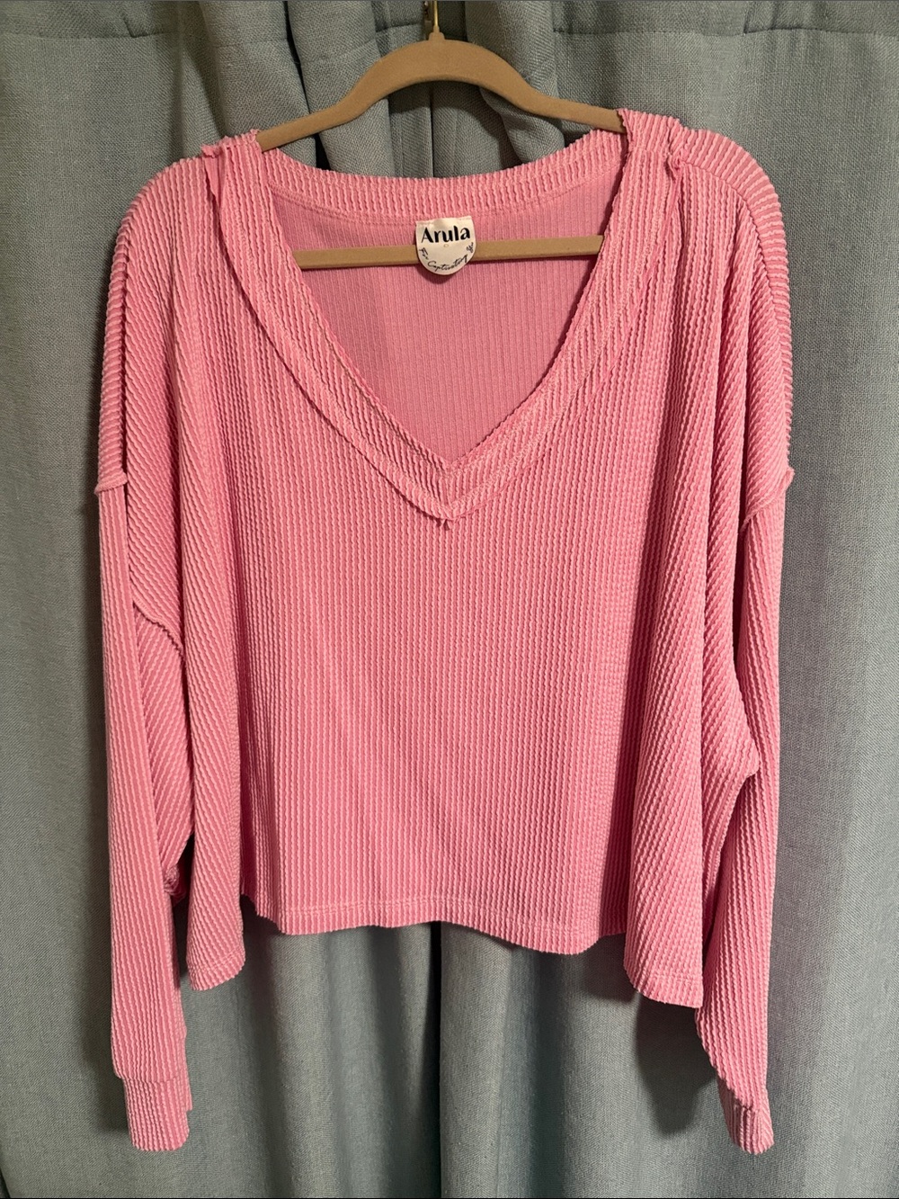 ARULA Bubblegum Pink V-Neck Waffle Knit Pullover - size C/3x
